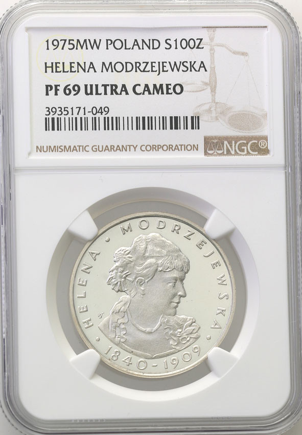 PRL. 100 złotych 1975 Helena Modrzejewska NGC PF69 ULTRA CAMEO (2 MAX)